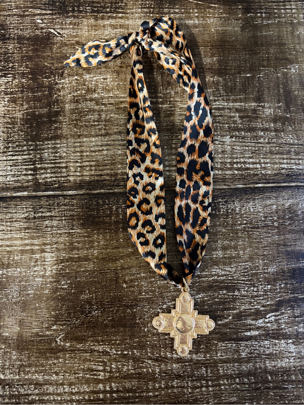 Leopard Print Scarf Necklace with Ornate Gold Cross Pendant